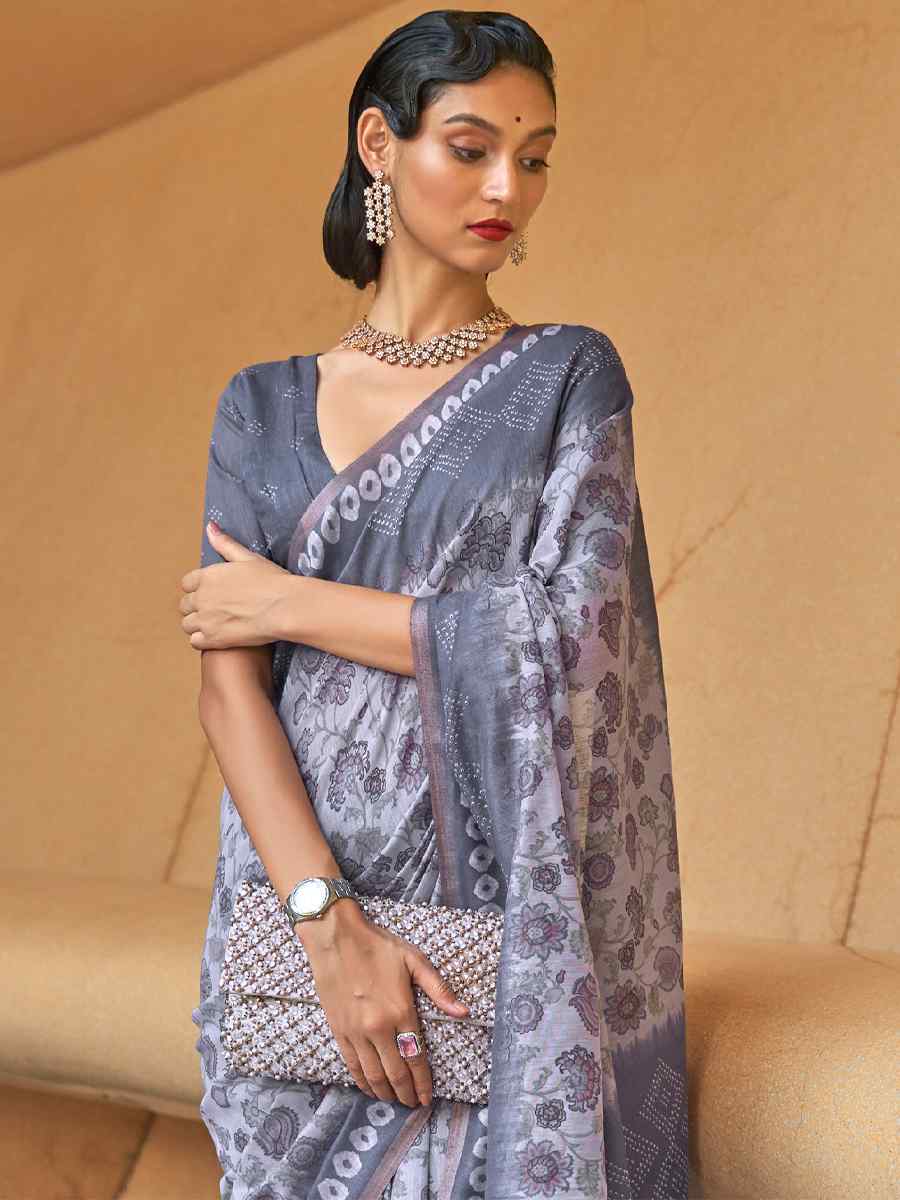 Dust Blue Cotton Printed Casual Festival Contemporary Saree