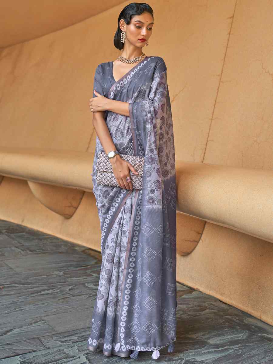 Dust Blue Cotton Printed Casual Festival Contemporary Saree