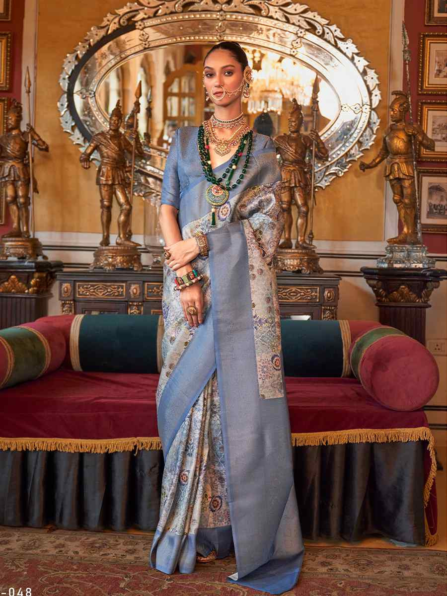 Dust Blue Tusser Silk Handwoven Festival Wedding Heavy Border Saree