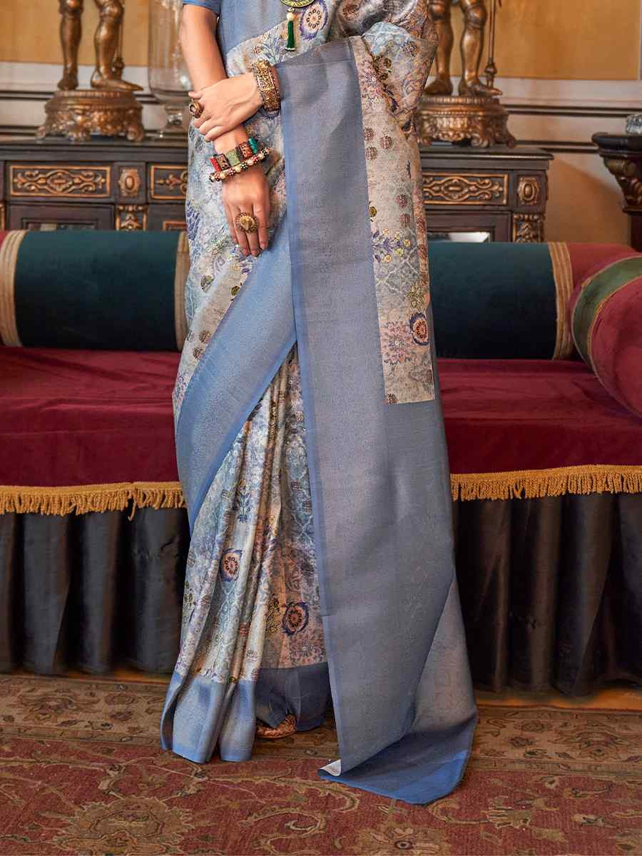 Dust Blue Tusser Silk Handwoven Festival Wedding Heavy Border Saree