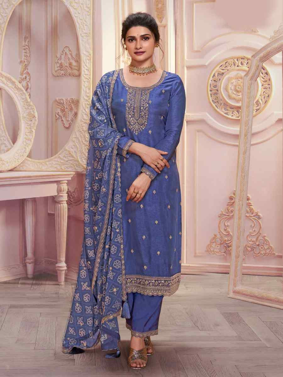 Dusty Blue Heavy Silk Gerogatte Embroidered Festival Wedding Pant Salwar Kameez