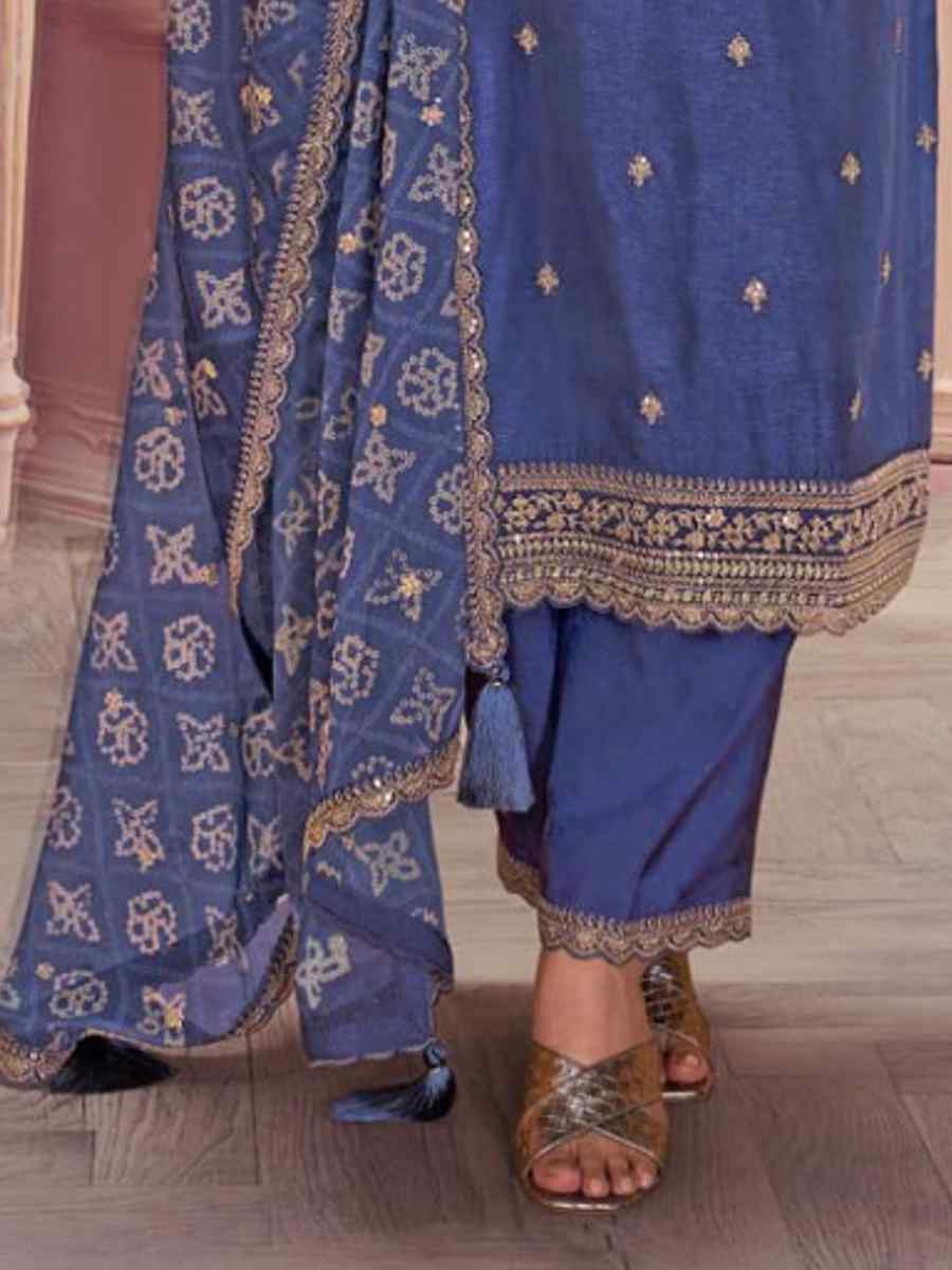 Dusty Blue Heavy Silk Gerogatte Embroidered Festival Wedding Pant Salwar Kameez