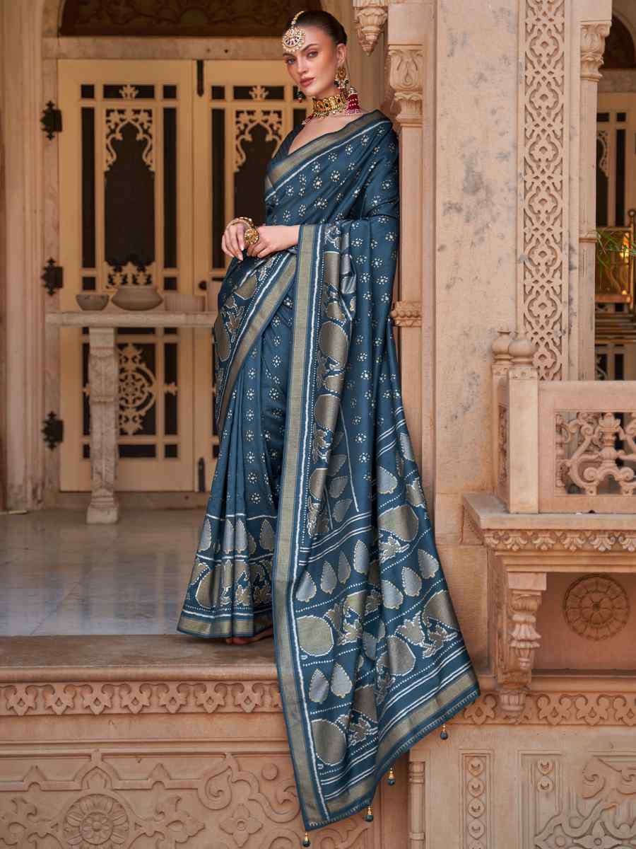 Dusty Blue Soft Silk Handwoven Wedding Festival Heavy Border Saree