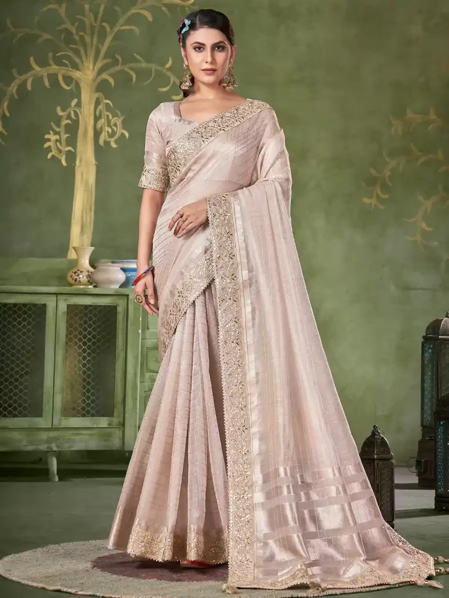 Dusty Cream Banarasi Linen Embroidered Festival Party Heavy Border Saree