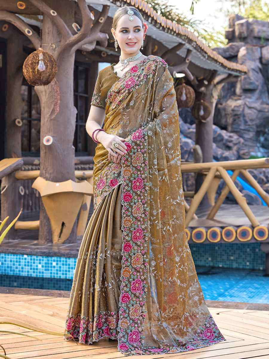 Dusty Gold Burbury Silk Embroidered Bridesmaid Wedding Heavy Border Saree