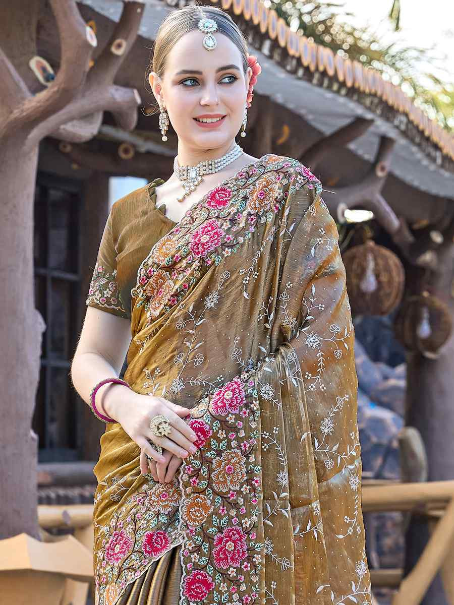 Dusty Gold Burbury Silk Embroidered Bridesmaid Wedding Heavy Border Saree