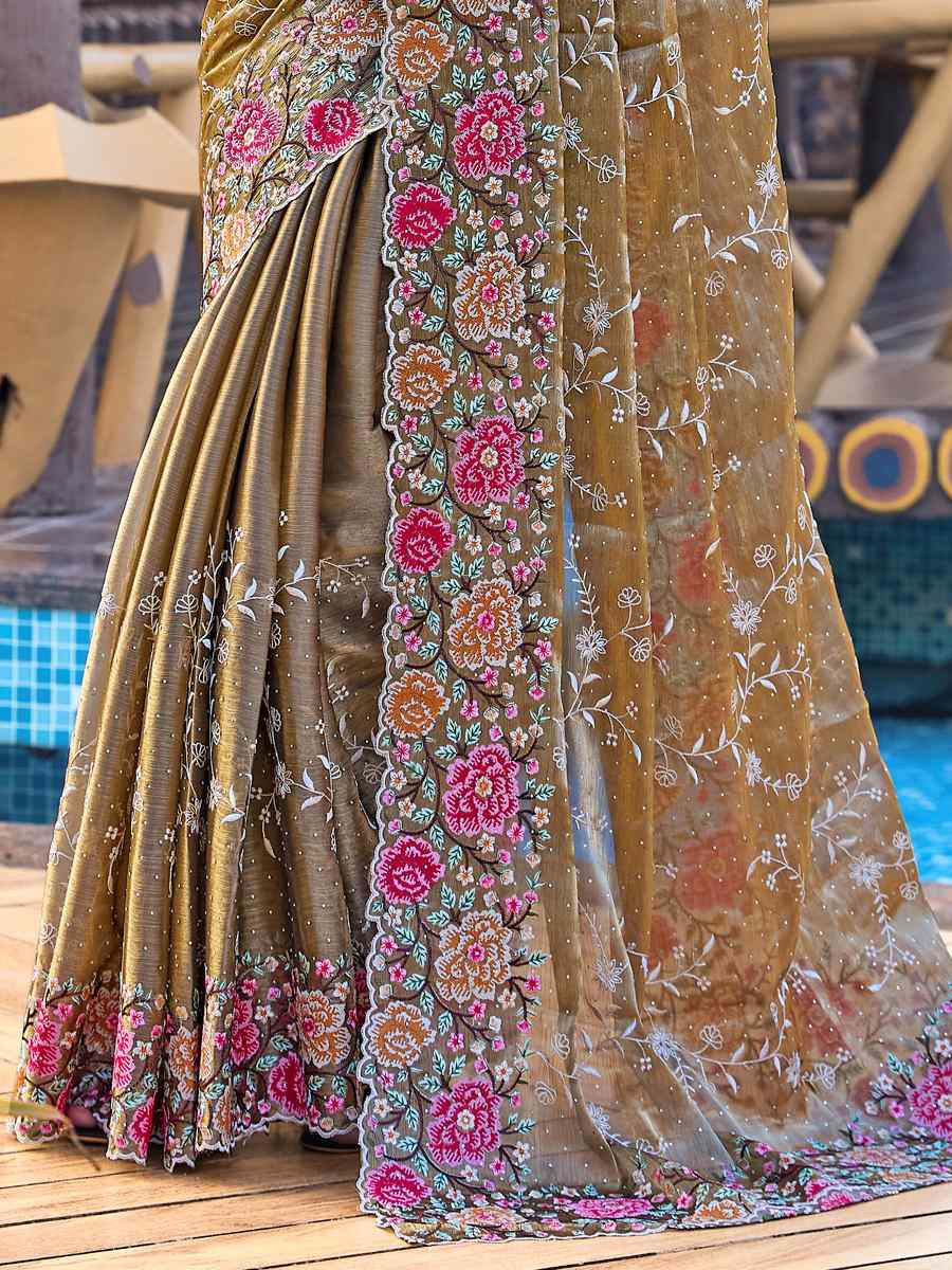 Dusty Gold Burbury Silk Embroidered Bridesmaid Wedding Heavy Border Saree