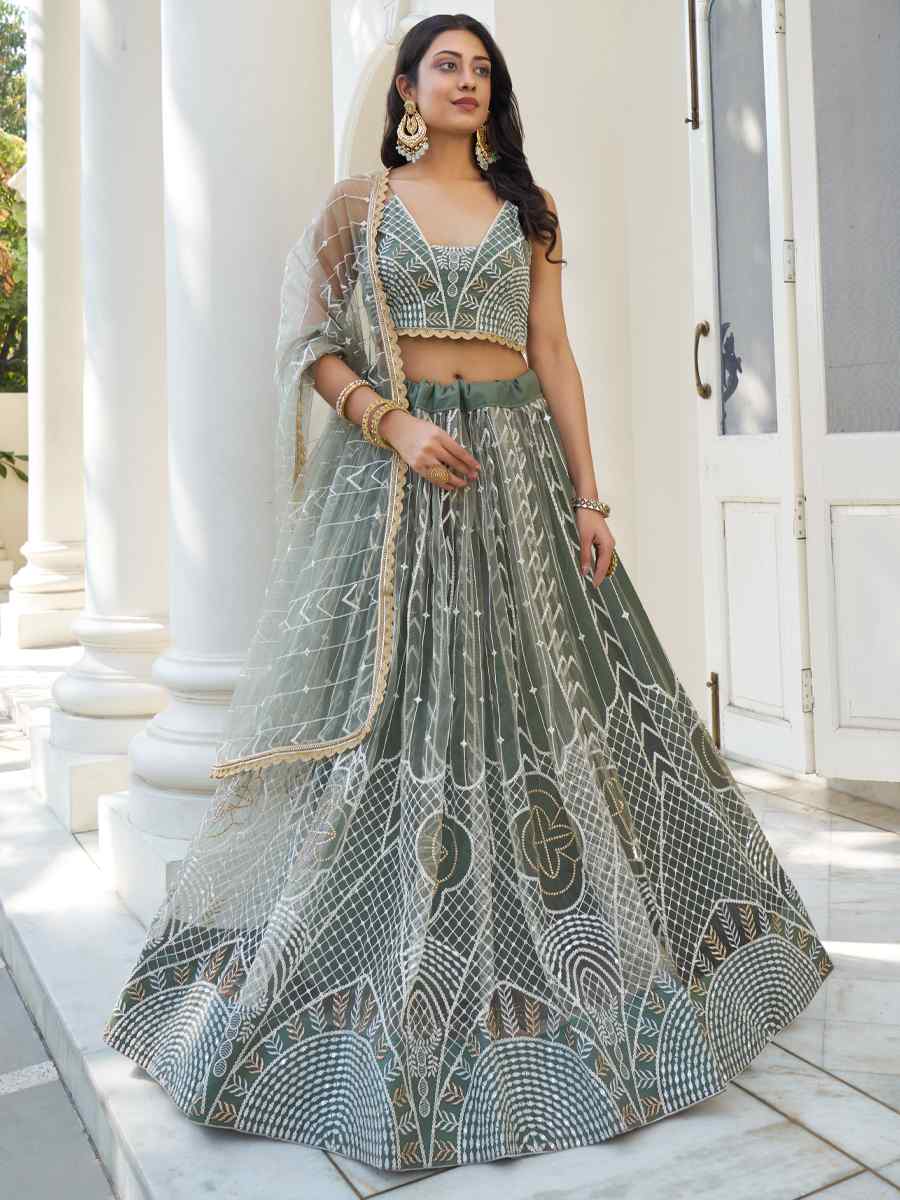 Dusty Green Butterfly Net Embroidered Wedding Festival Heavy Border Lehenga Choli