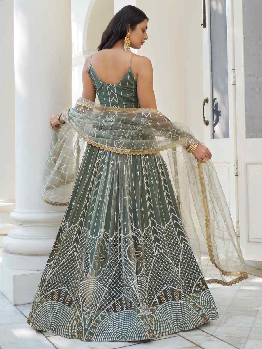 Dusty Green Butterfly Net Embroidered Wedding Festival Heavy Border Lehenga Choli