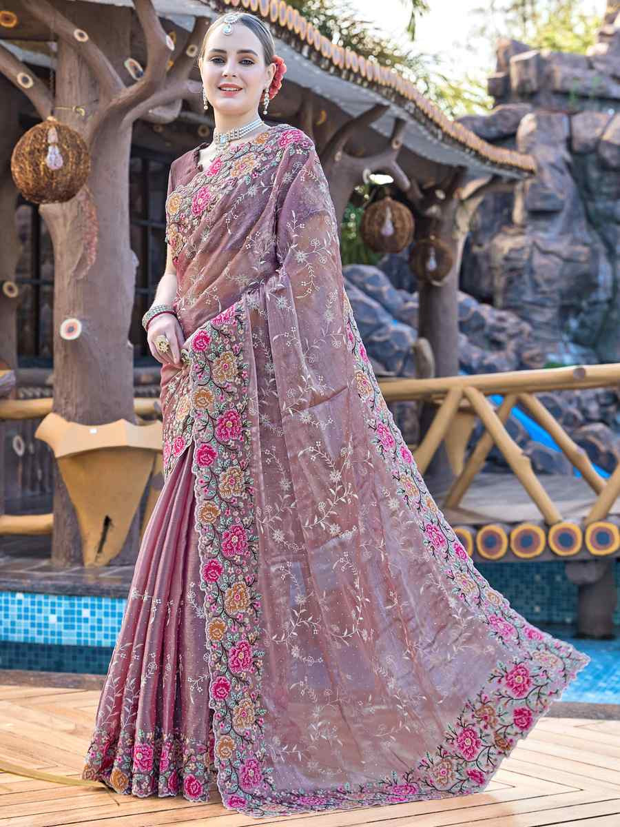 Dusty Lavender Burbury Silk Embroidered Bridesmaid Wedding Heavy Border Saree