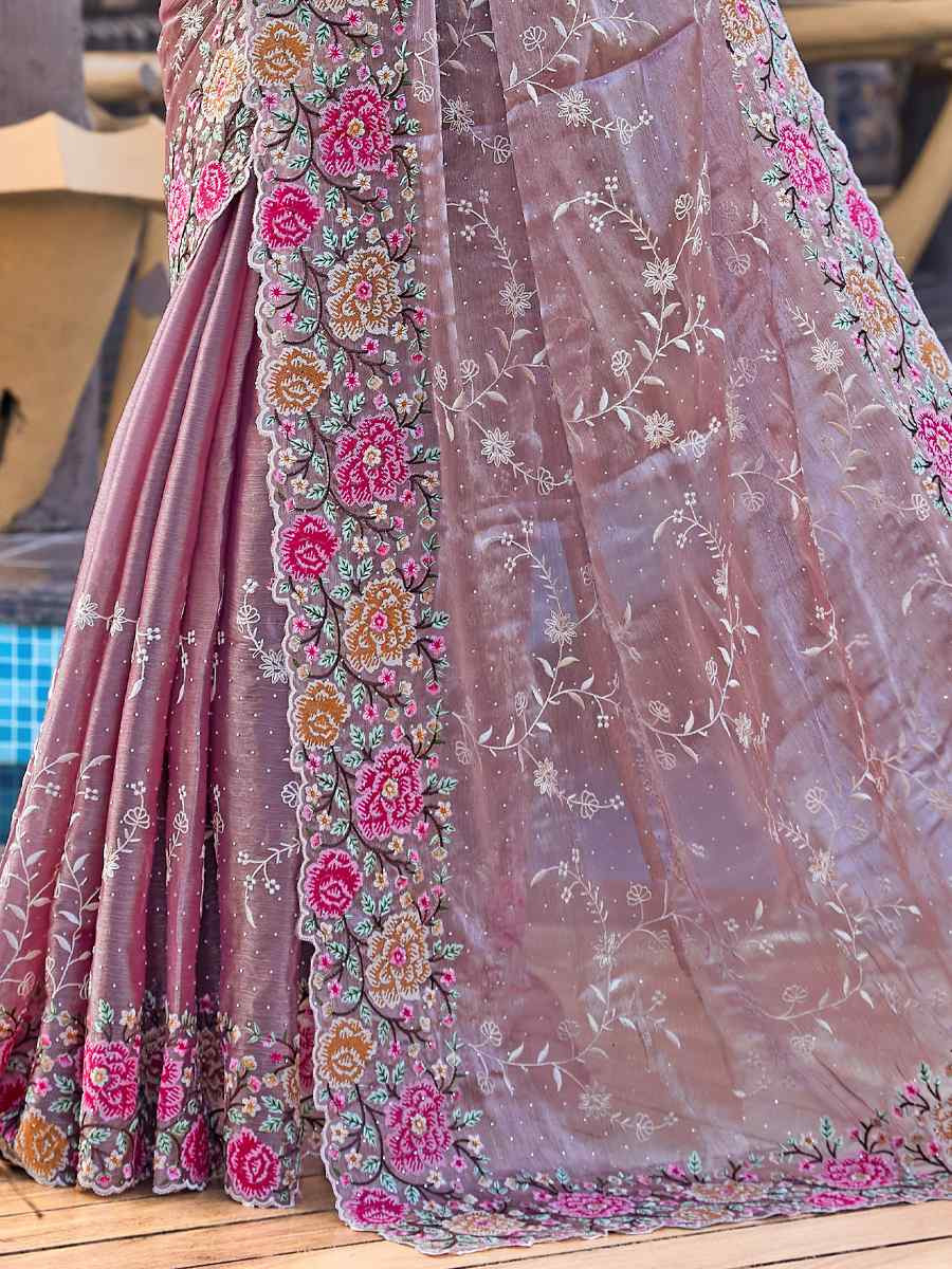 Dusty Lavender Burbury Silk Embroidered Bridesmaid Wedding Heavy Border Saree