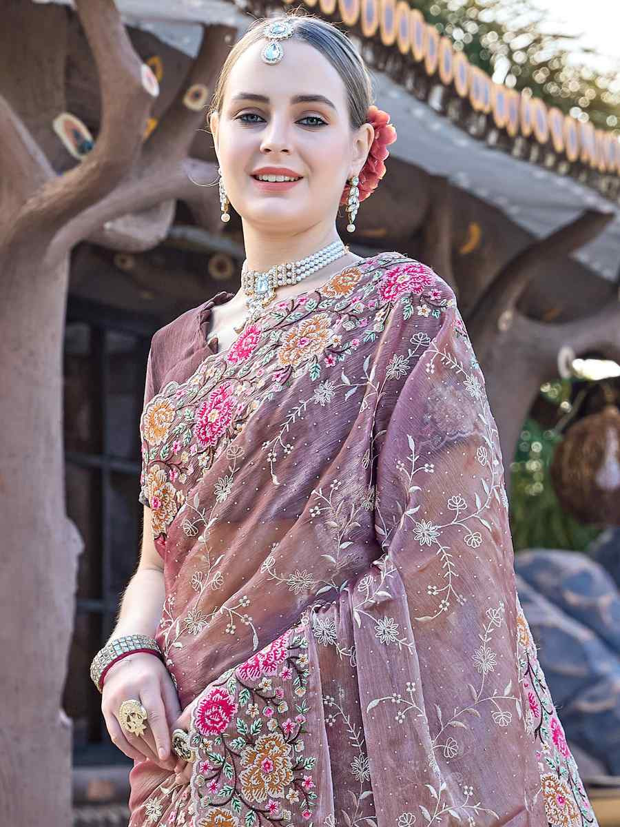 Dusty Lavender Burbury Silk Embroidered Bridesmaid Wedding Heavy Border Saree