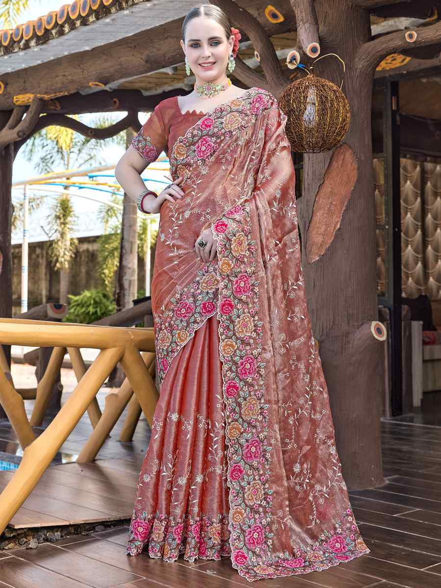 Dusty Peach Burbury Silk Embroidered Bridesmaid Wedding Heavy Border Saree