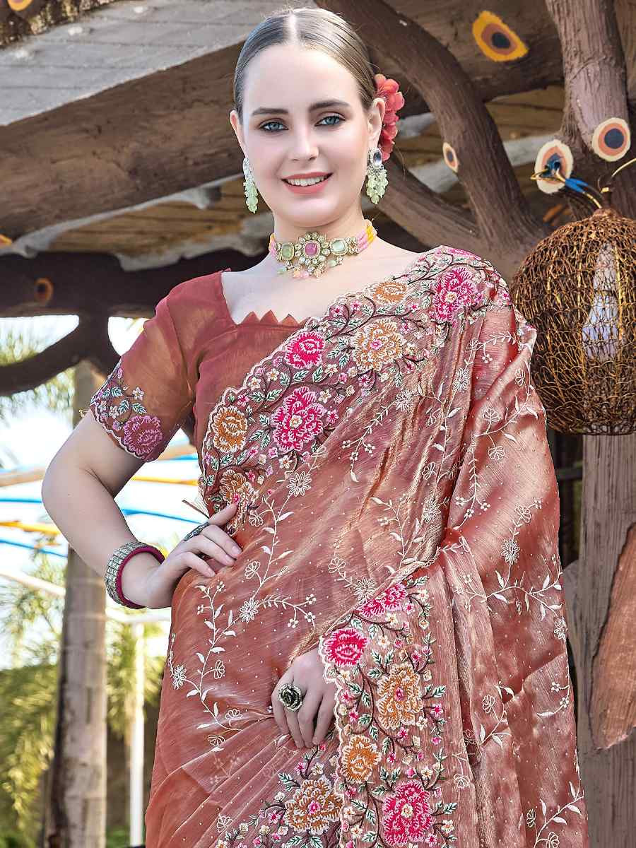 Dusty Peach Burbury Silk Embroidered Bridesmaid Wedding Heavy Border Saree