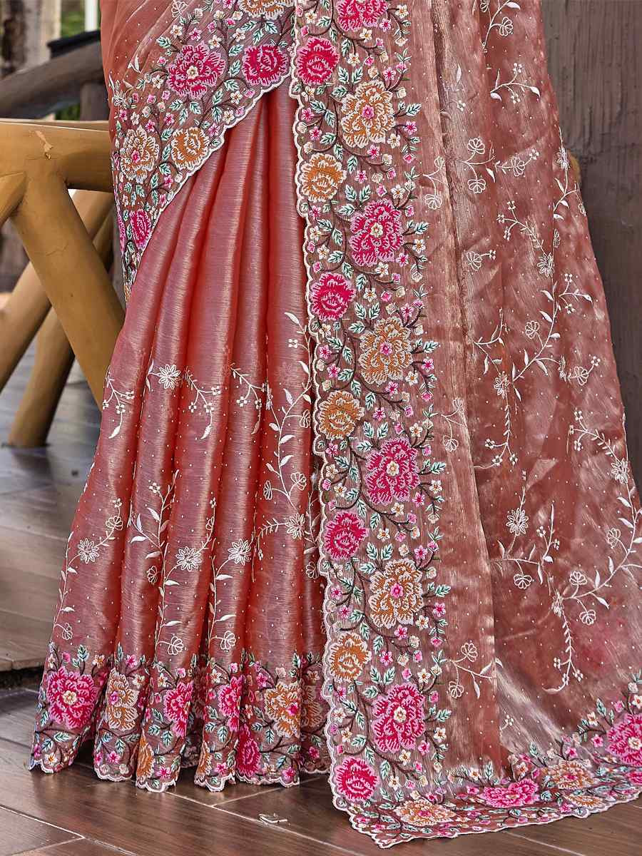 Dusty Peach Burbury Silk Embroidered Bridesmaid Wedding Heavy Border Saree