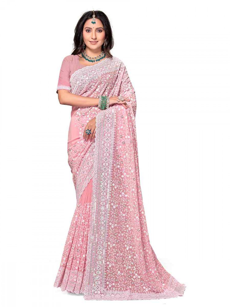 Dusty Peach Georgette Embroidered Bridesmaid Wedding Heavy Border Saree