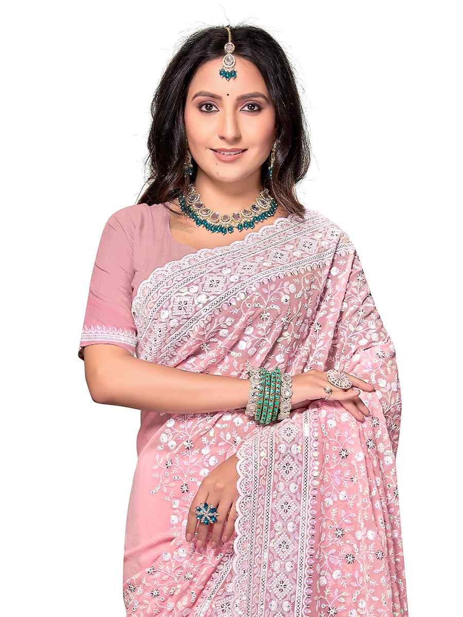 Dusty Peach Georgette Embroidered Bridesmaid Wedding Heavy Border Saree