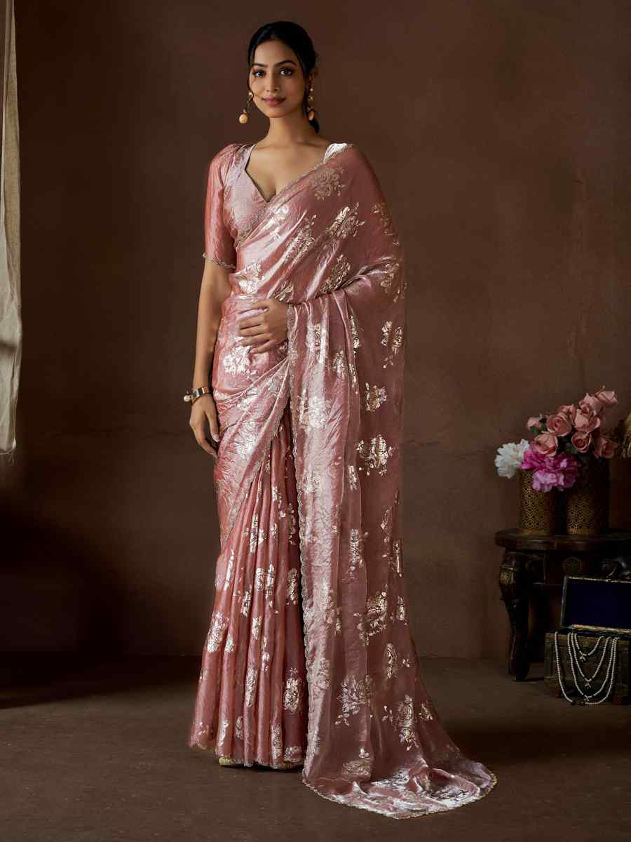 Dusty Peach Pure Satin Silk Handwoven Festival Party Classic Style Saree