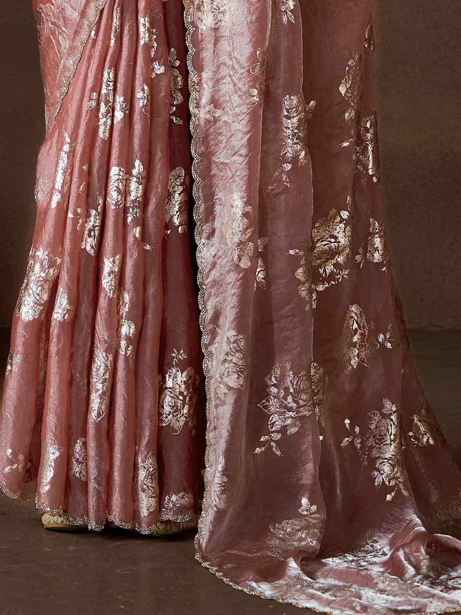 Dusty Peach Pure Satin Silk Handwoven Festival Party Classic Style Saree