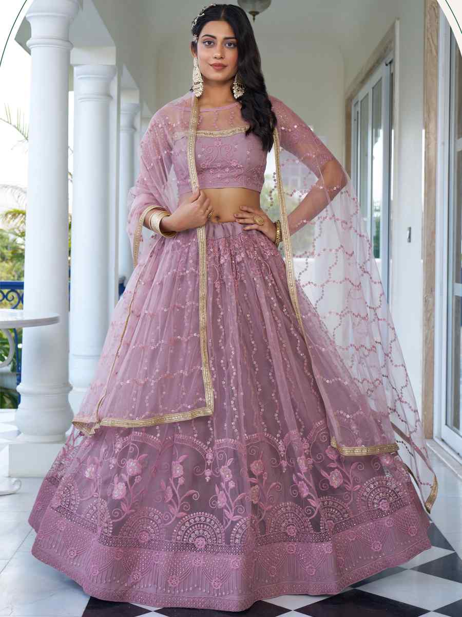 Dusty Pink Butterfly Net Embroidery Reception Party Wear Heavy Border Lehenga Choli