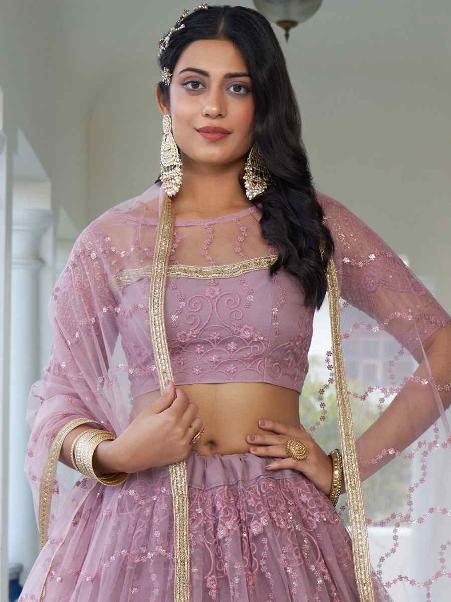 Dusty Pink Butterfly Net Embroidery Reception Party Wear Heavy Border Lehenga Choli