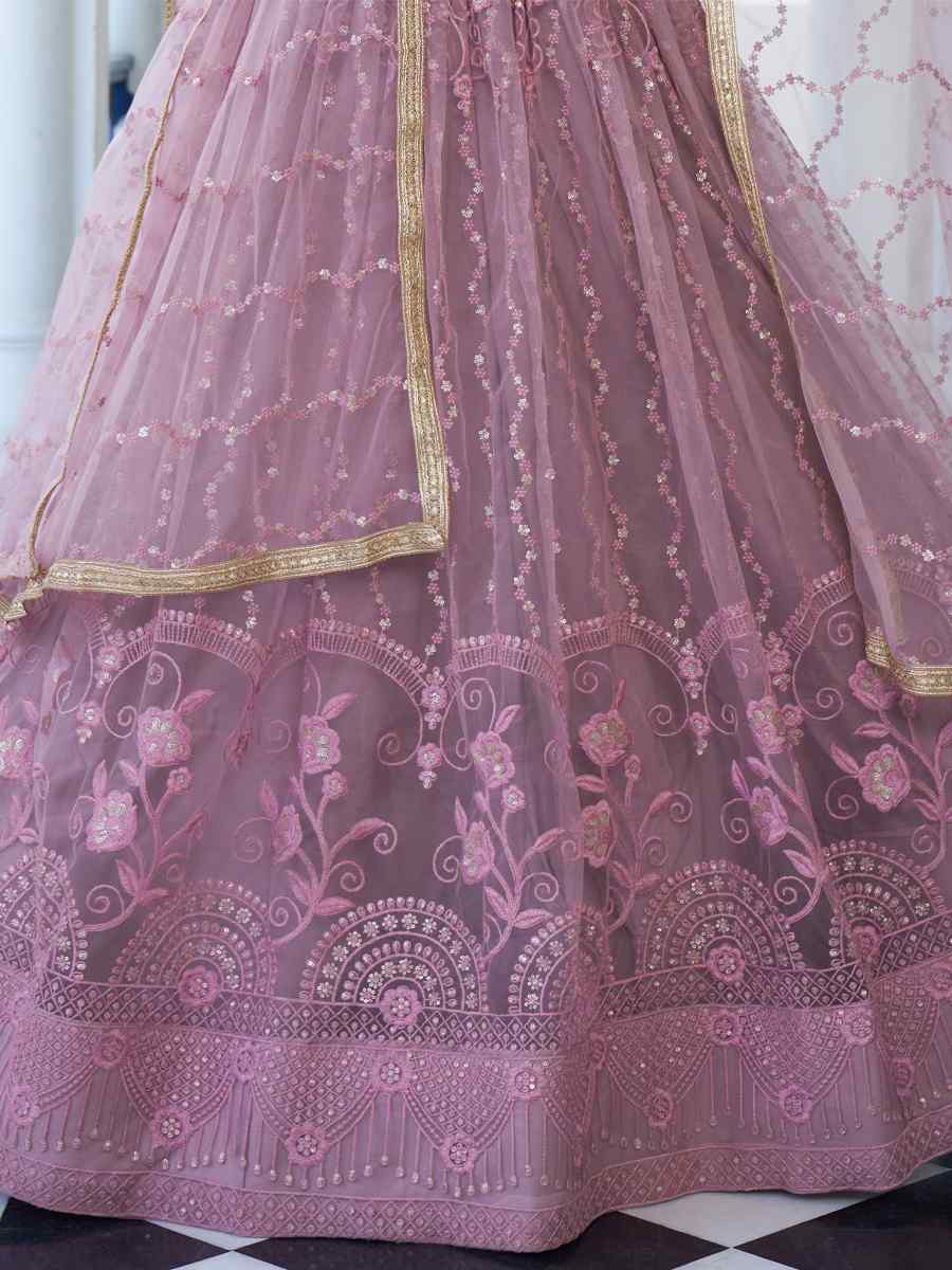 Dusty Pink Butterfly Net Embroidery Reception Party Wear Heavy Border Lehenga Choli