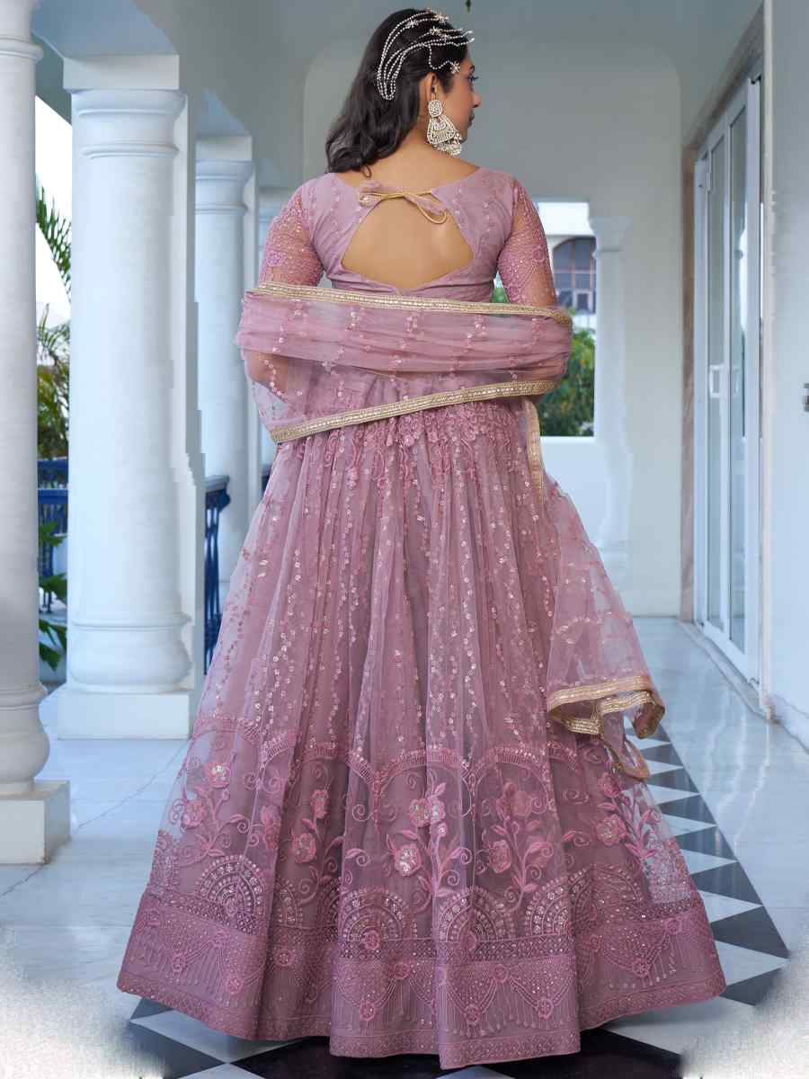 Dusty Pink Butterfly Net Embroidery Reception Party Wear Heavy Border Lehenga Choli