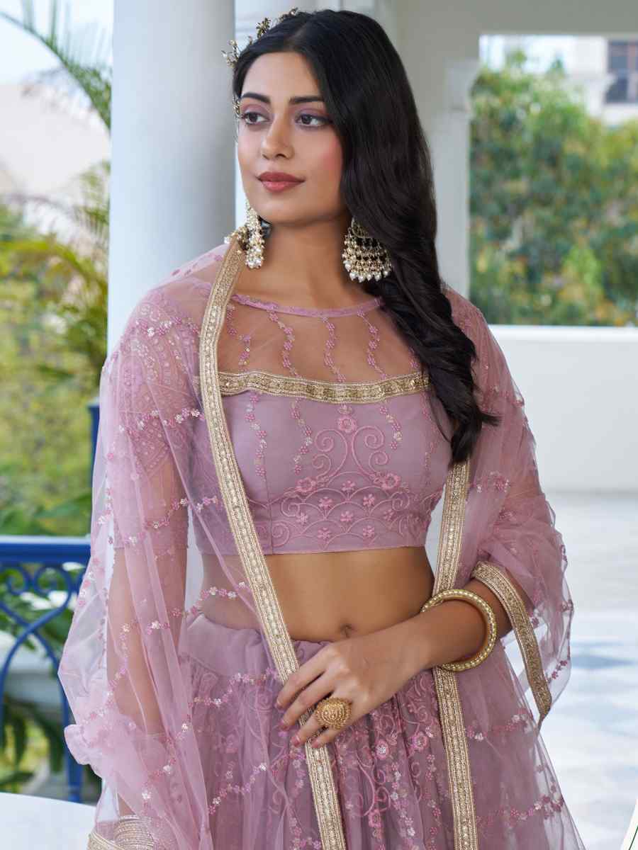 Dusty Pink Butterfly Net Embroidery Reception Party Wear Heavy Border Lehenga Choli