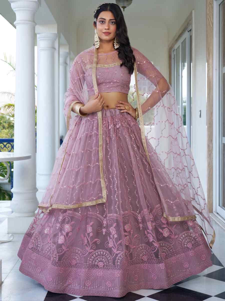 Dusty Pink Butterfly Net Embroidery Reception Party Wear Heavy Border Lehenga Choli