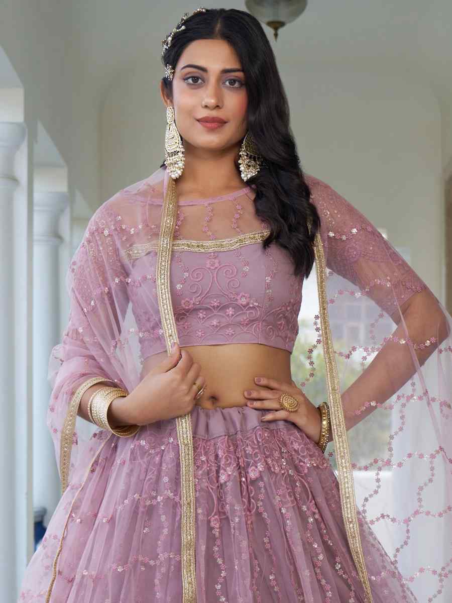 Dusty Pink Butterfly Net Embroidery Reception Party Wear Heavy Border Lehenga Choli