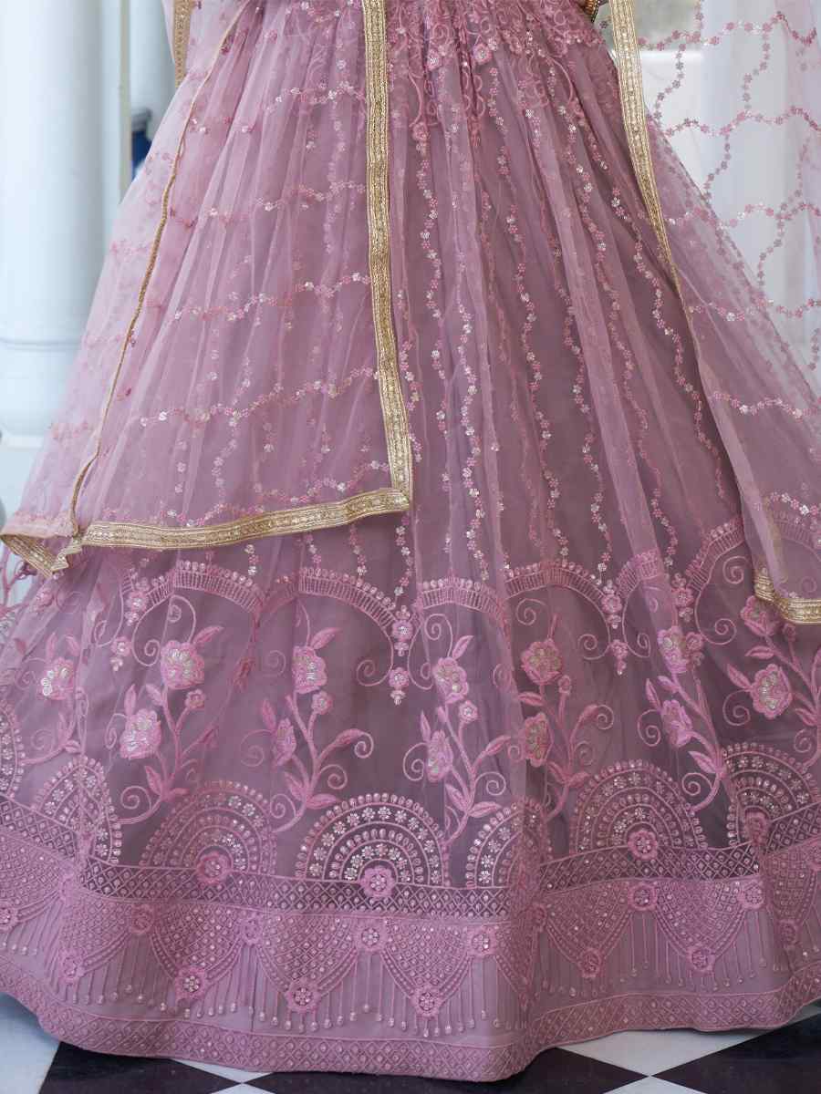 Dusty Pink Butterfly Net Embroidery Reception Party Wear Heavy Border Lehenga Choli