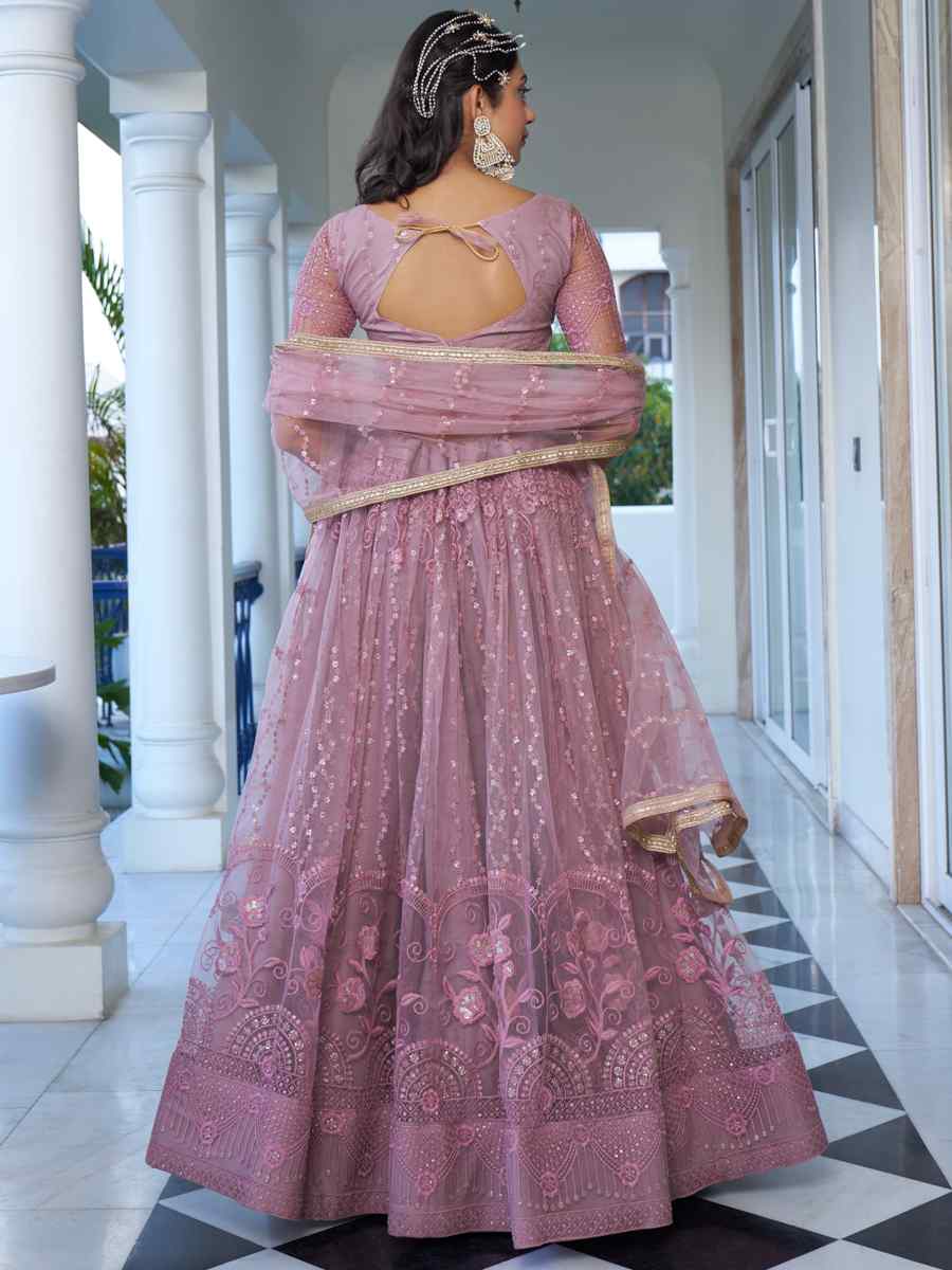 Dusty Pink Butterfly Net Embroidery Reception Party Wear Heavy Border Lehenga Choli