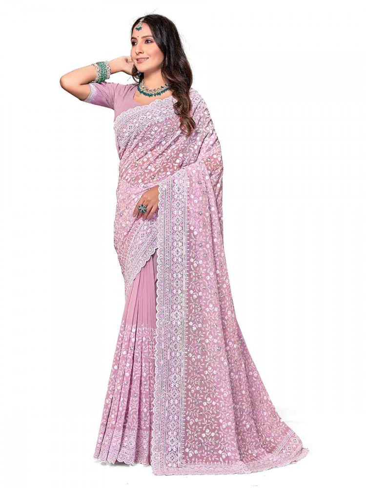 Dusty Pink Georgette Embroidered Bridesmaid Wedding Heavy Border Saree