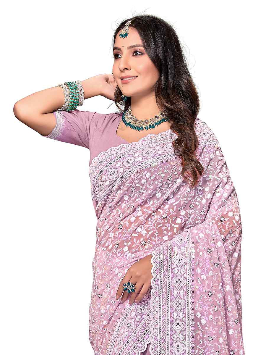 Dusty Pink Georgette Embroidered Bridesmaid Wedding Heavy Border Saree