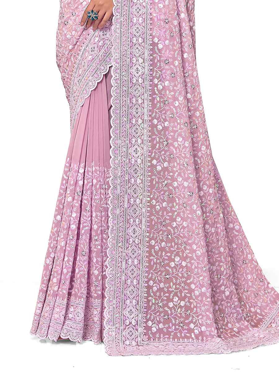 Dusty Pink Georgette Embroidered Bridesmaid Wedding Heavy Border Saree