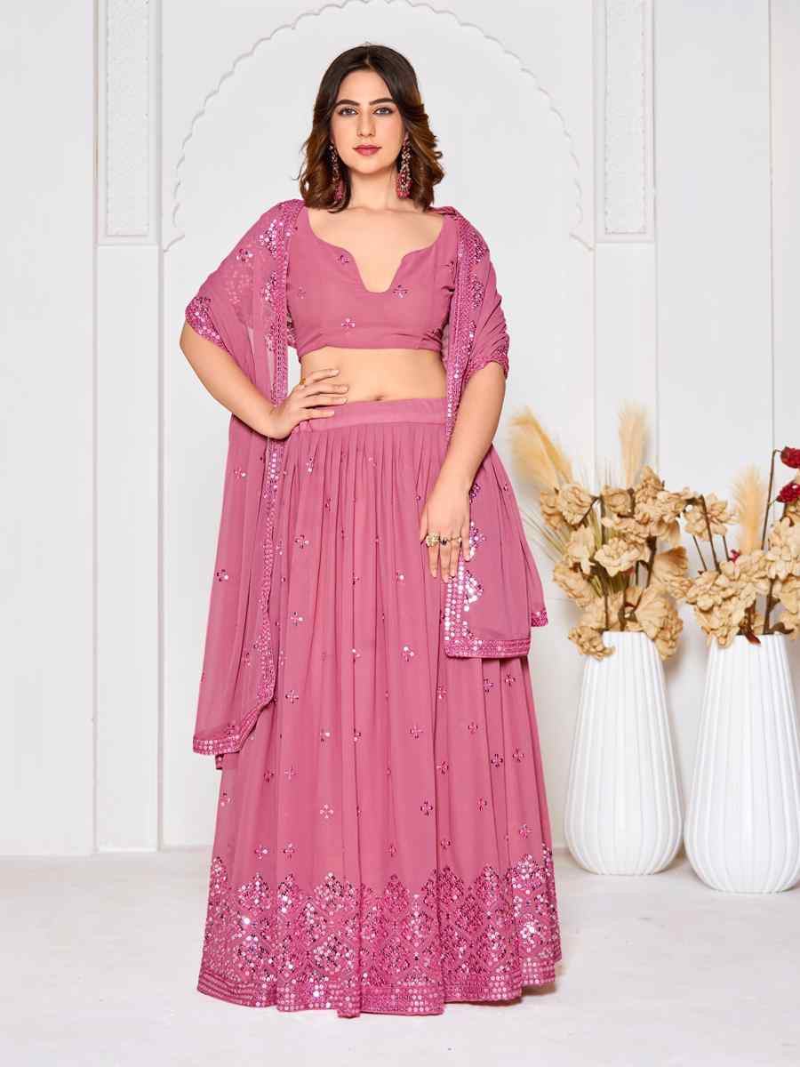 Dusty Pink Georgette Embroidered Wedding Party Wear Heavy Border Lehenga Choli