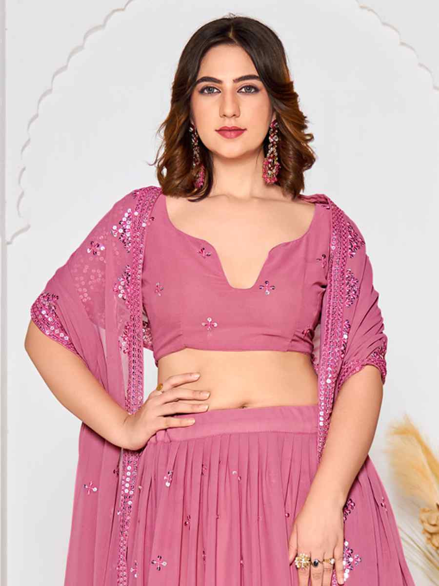 Dusty Pink Georgette Embroidered Wedding Party Wear Heavy Border Lehenga Choli