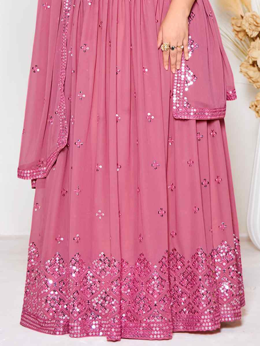 Dusty Pink Georgette Embroidered Wedding Party Wear Heavy Border Lehenga Choli