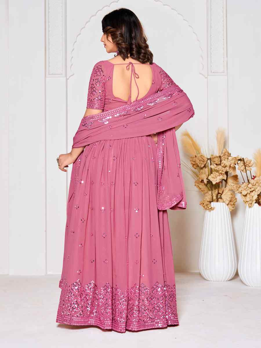 Dusty Pink Georgette Embroidered Wedding Party Wear Heavy Border Lehenga Choli