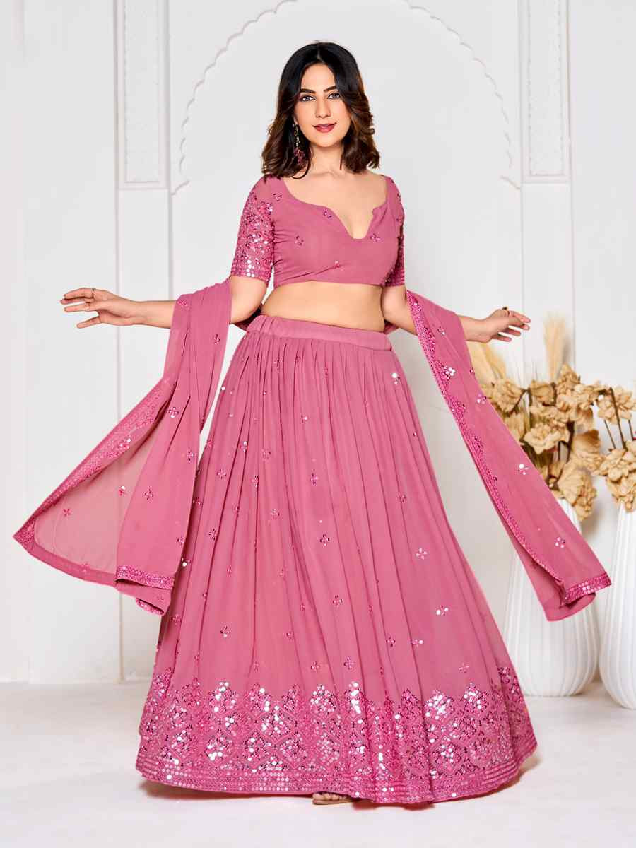 Dusty Pink Georgette Embroidered Wedding Party Wear Heavy Border Lehenga Choli