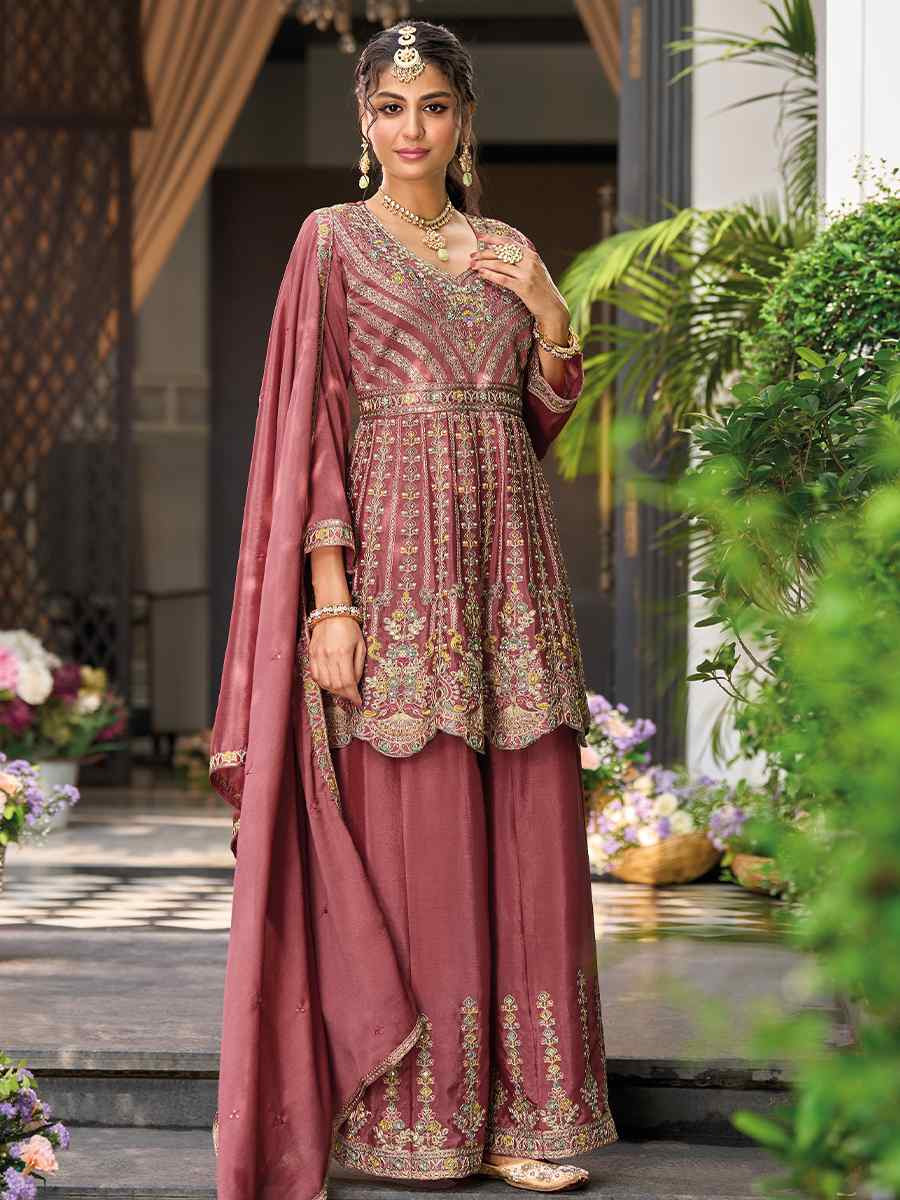 Dusty Pink Hevy Chinon Embroidered Festival Wedding Ready Sharara Pant Salwar Kameez