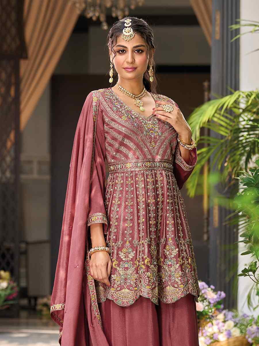 Dusty Pink Hevy Chinon Embroidered Festival Wedding Ready Sharara Pant Salwar Kameez