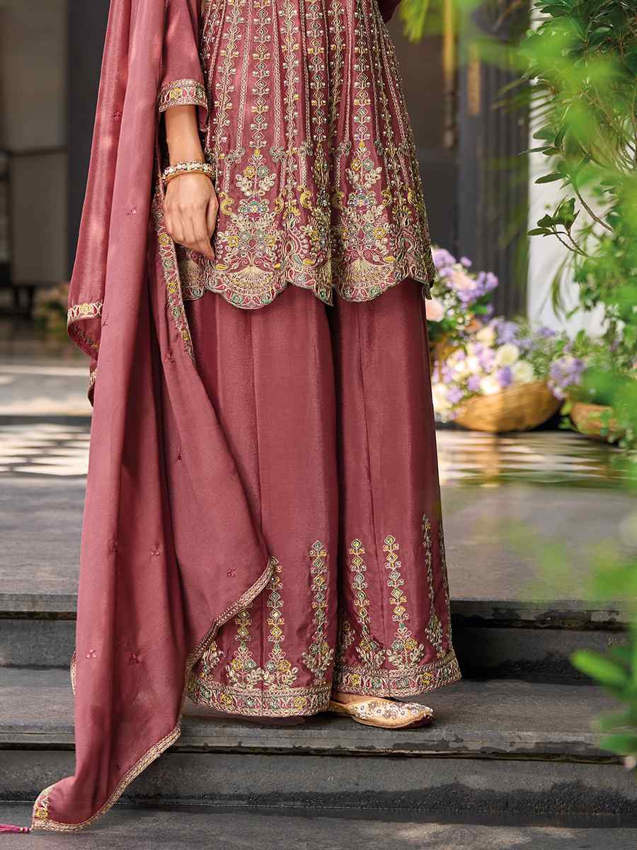 Dusty Pink Hevy Chinon Embroidered Festival Wedding Ready Sharara Pant Salwar Kameez