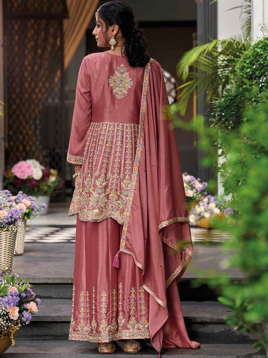 Dusty Pink Hevy Chinon Embroidered Festival Wedding Ready Sharara Pant Salwar Kameez