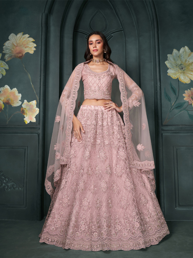 Dusty Pink Net Embroidered Bridesmaid Wedding Heavy Border Lehenga Choli