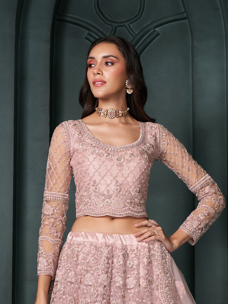 Dusty Pink Net Embroidered Bridesmaid Wedding Heavy Border Lehenga Choli