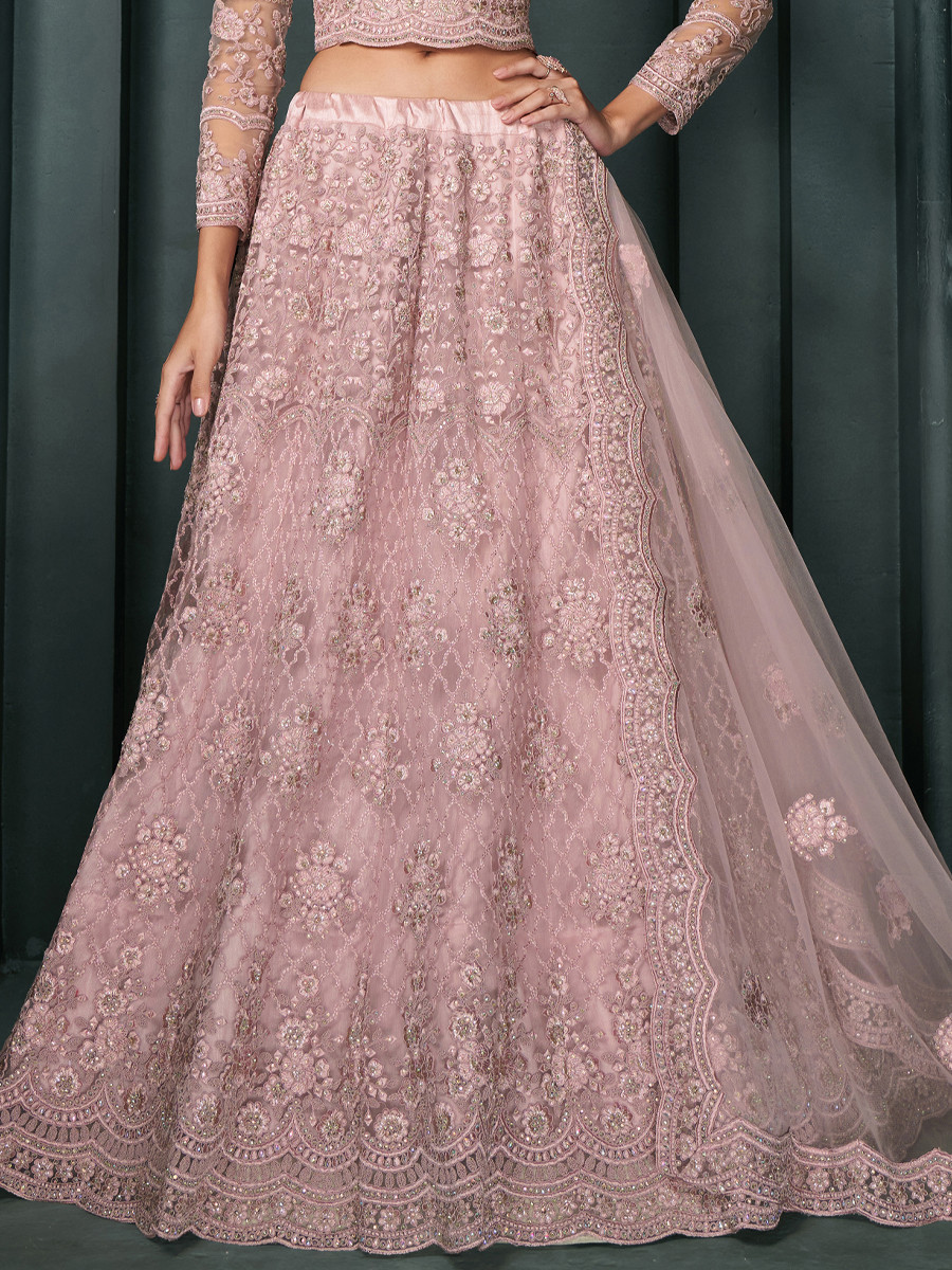 Dusty Pink Net Embroidered Bridesmaid Wedding Heavy Border Lehenga Choli