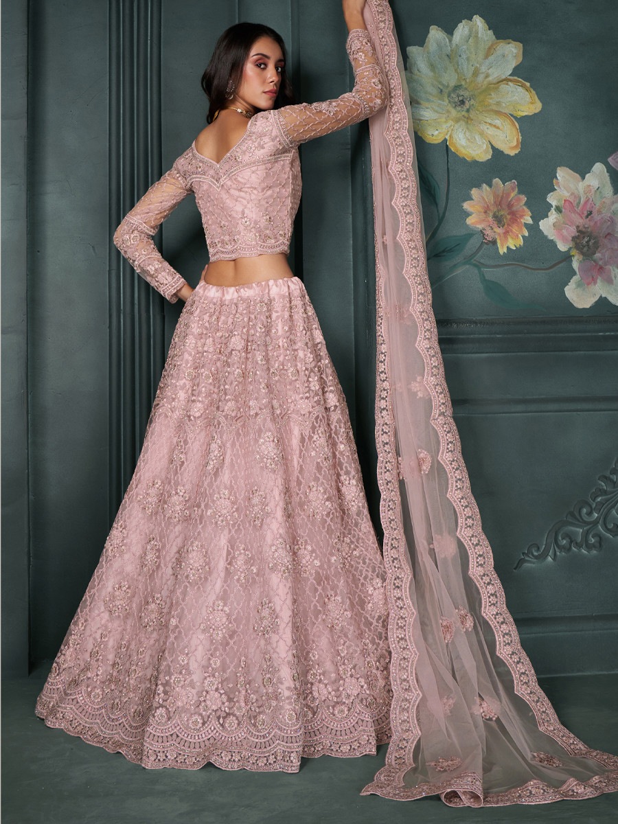 Dusty Pink Net Embroidered Bridesmaid Wedding Heavy Border Lehenga Choli