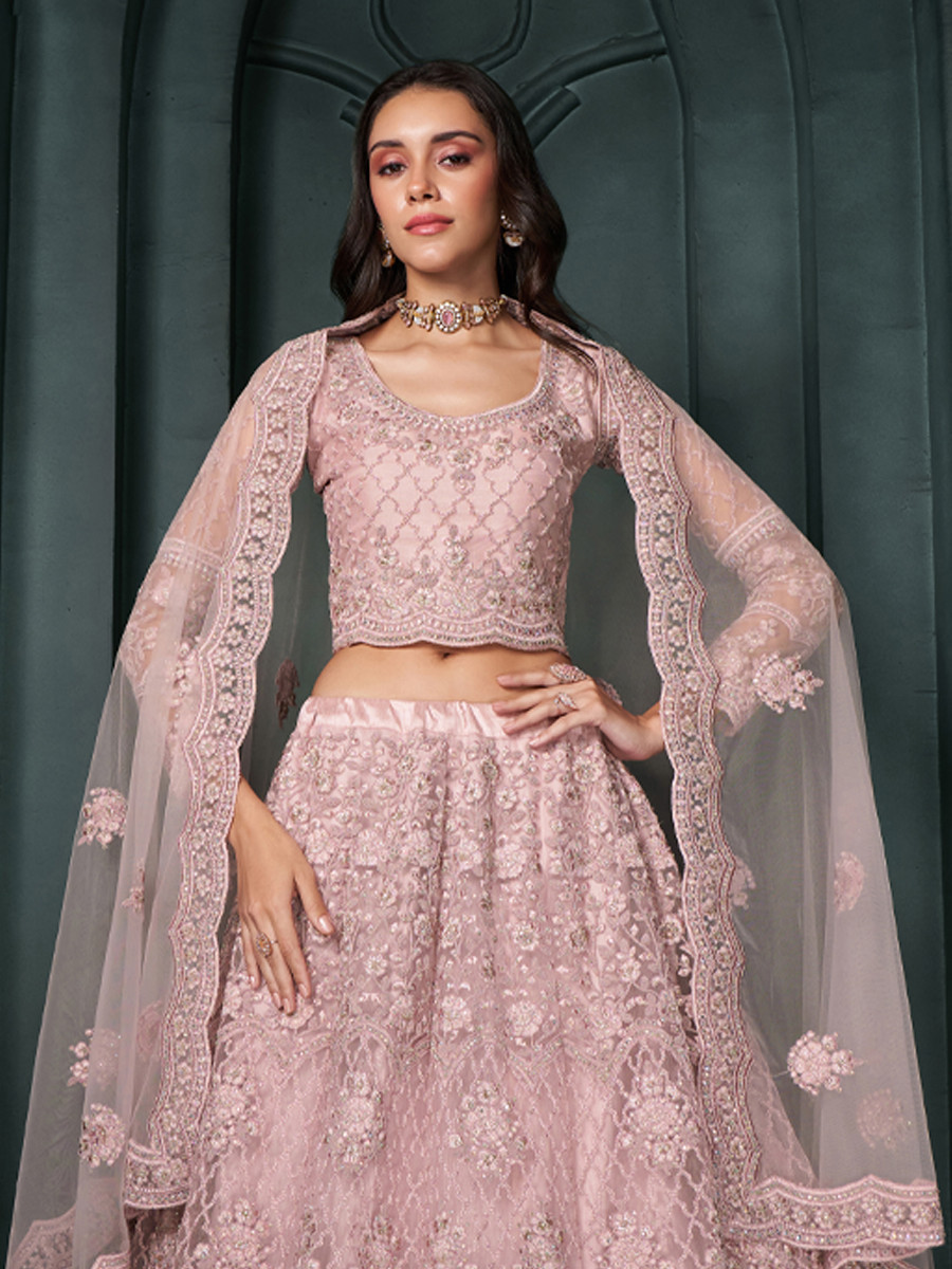 Dusty Pink Net Embroidered Bridesmaid Wedding Heavy Border Lehenga Choli