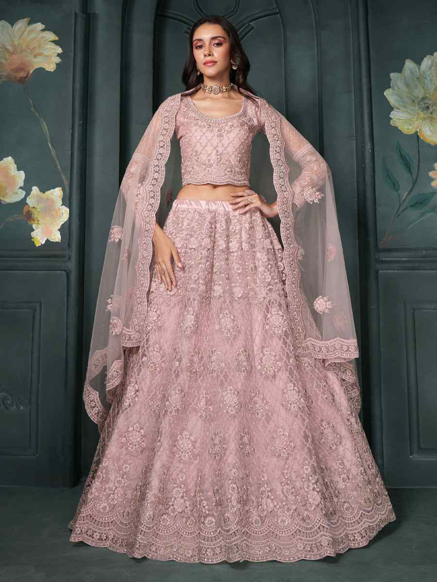 Dusty Pink Net Embroidered Wedding Festival Heavy Border Lehenga Choli